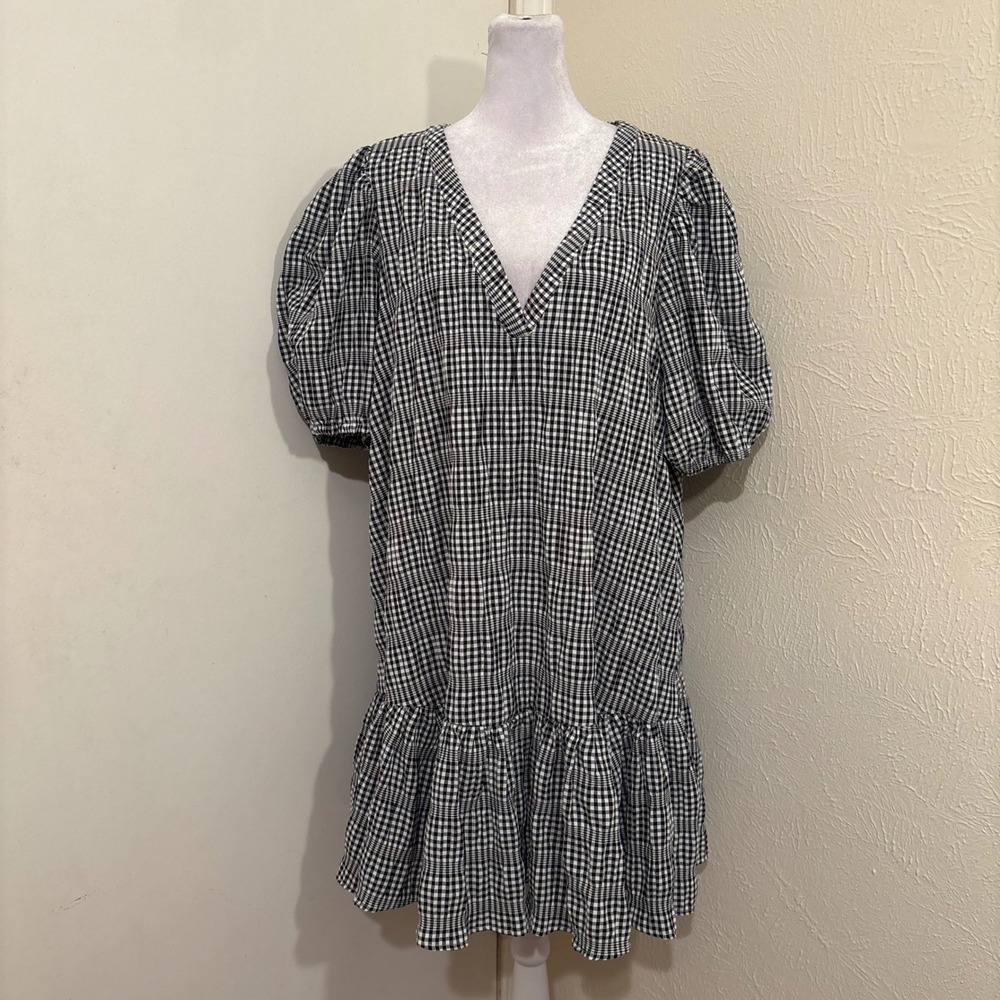 Calvin Klein Gingham V-Neck Puff Sleeve Ruffle Hem Babydoll Dress Black Size 16